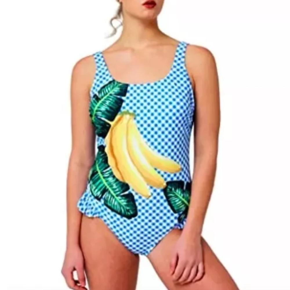 NEW JUICY COUTURE Blue Check Banana Ruffle One-Piece Swimsuit Size Medium 8-10